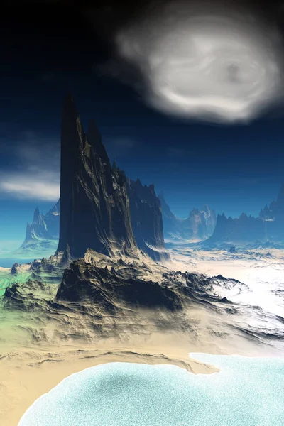 Планета пришельцев. Гора и озеро. 3D рендеринг — стоковое фото