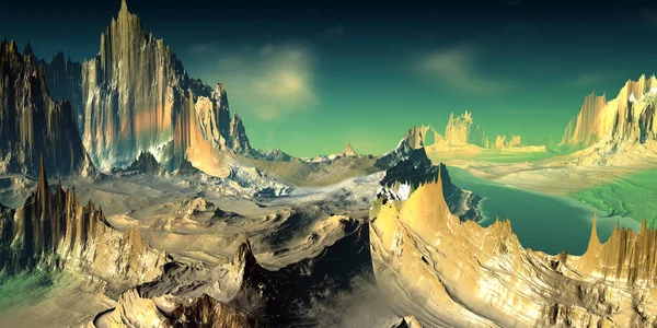 Alien Planet. Mountain and lake. 3D rendering — Stock Photo, Image