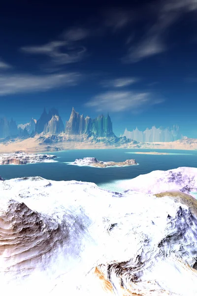 Alien Planet. Montagne et lac. rendu 3D — Photo