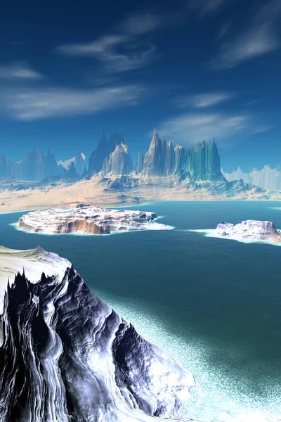 Planeta Extraterrestre. Montaña y lago. Renderizado 3D —  Fotos de Stock