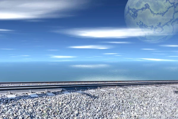 Eisenbahnstrecke auf einem fremden Planeten. Collage — Stockfoto
