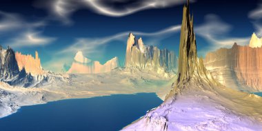 Uzaylı Gezegeni. Dağ ve göl. 3d render