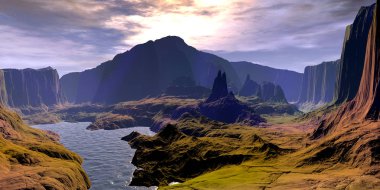 Uzaylı Gezegeni. Dağ ve göl. 3d render