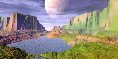 Uzaylı Gezegeni. Dağ ve göl. 3d render