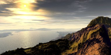 Uzaylı Gezegeni. Dağ ve göl. 3d render