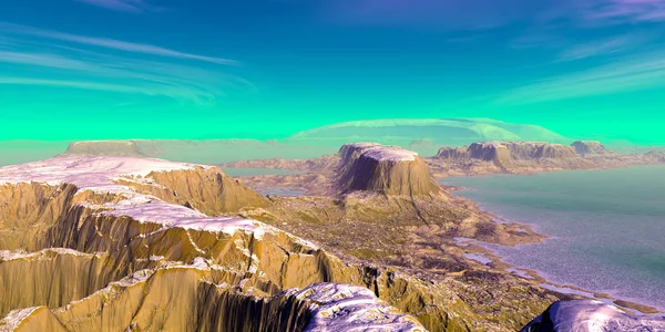 Obcych planet. Góry i jezioro. Renderowanie 3D — Zdjęcie stockowe