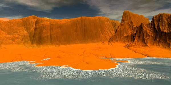 Fremmede Planet. Bjerg og sø. 3D-gengivelse - Stock-foto