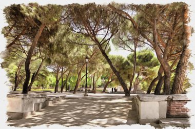 Fotoğraftan bir resim. Yağlı boya. Taklit. İllüzyon. Kraliyet Sarayı yakınlarındaki Sabatini Bahçeleri. İspanya. Madrid