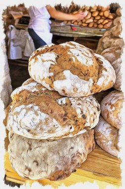 Fotoğraftan bir resim. Yağlı boya. Taklit. İllüzyon. Dükkandaki tezgahta kocaman somunlar var.