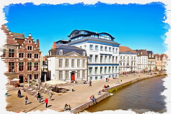 Fénykép Egy Képről Olajfesték Utánozni Illusztráció Városkép Gent Város Történelmi — Stock Fotó