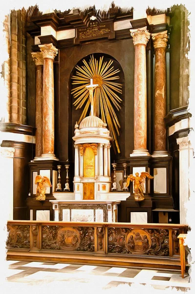 Picture Photo Oil Paint Imitation Illustration Interior Ancient Catholic Cathedral — Stock Photo, Image