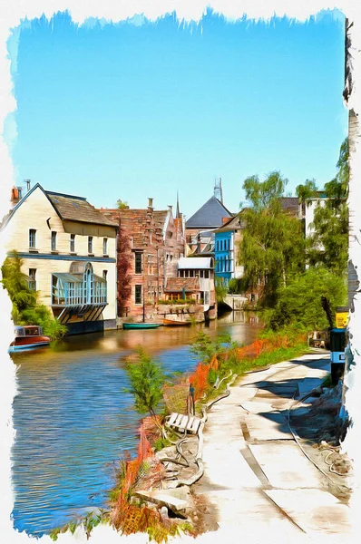 Picture Photo Oil Paint Imitation Illustration Old Houses Canal Ghent — Stock Photo, Image