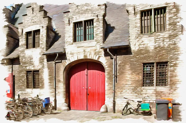 Foto Van Een Foto Olieverf Imitatie Illustratie Poorten Gevel Van — Stockfoto