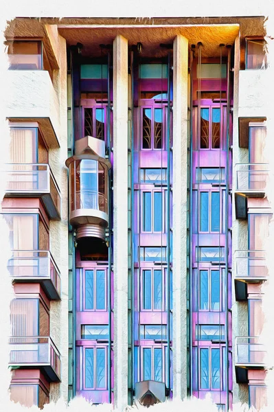 Bild Aus Einem Foto Ölfarbe Nachahmung Illustration Glasaufzug Einem Modernen — Stockfoto