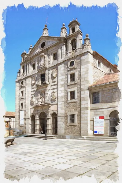 Picture from a photo. Oil paint. Imitation. Illustration. A monastery of Saint Teresa is in the historical center of medieval city. Spain. Avila