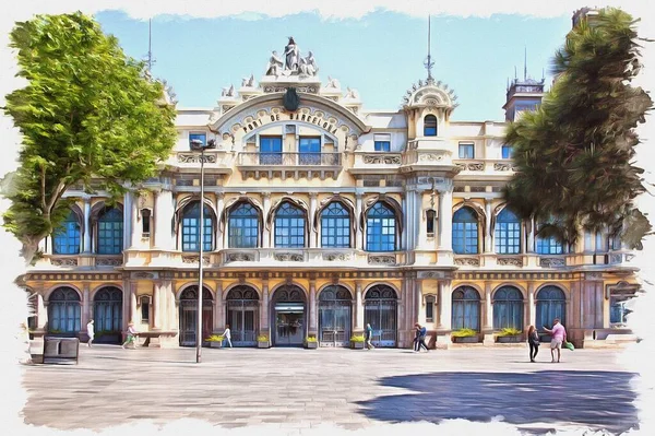 照片来自一张照片 油漆画模仿 古代建筑对港口工程的建议 建于20世纪初 位于哥伦布地区 西班牙 巴塞罗那 — 图库照片