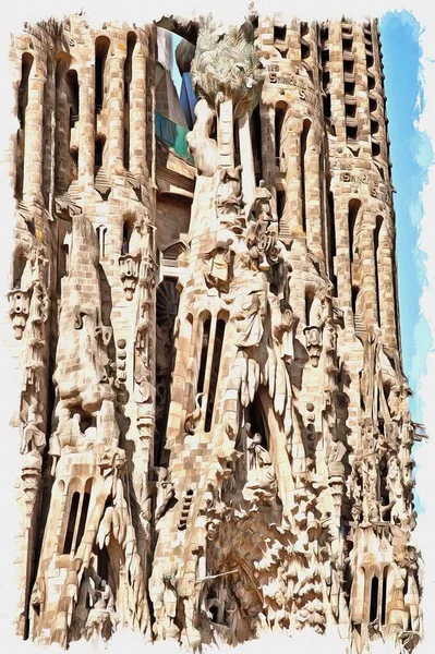 Bild Från Ett Foto Oljefärg Imitation Illustration Byggande Katedralen Sagrada — Stockfoto