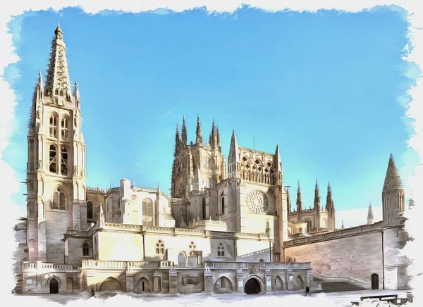 Fotoğraftan Bir Resim Yağlı Boya Taklit Llüzyon Burgos Şehrindeki Katedral — Stok fotoğraf