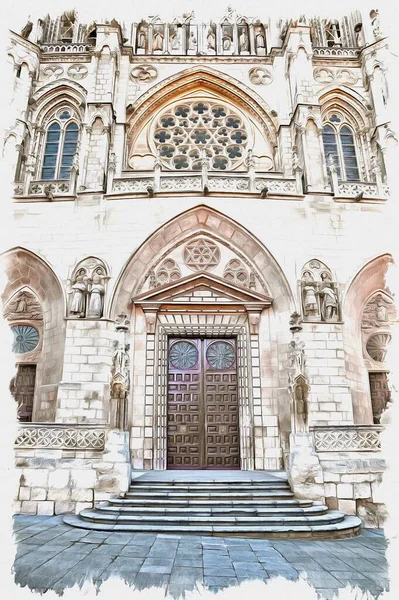 照片来自一张照片 油漆画模仿 布尔戈斯大教堂始建于1221年 卡斯蒂利亚的主要天主教教堂二 — 图库照片