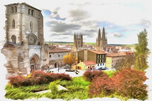 写真からの写真 油絵具 模倣だ イラスト 中世都市の歴史的な中心部 スペインだ ブルゴス — ストック写真