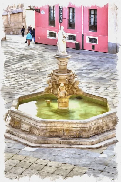 Foto Una Foto Pittura Olio Imitazione Illustrazione Antica Fontana Prima — Foto Stock