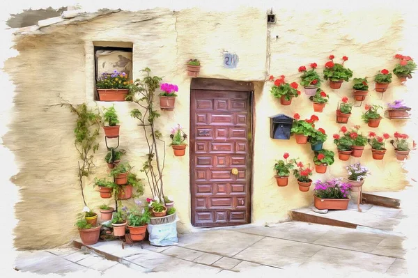 写真からの写真 油絵具 模倣だ イラスト 開花植物に囲まれた家への入り口 スペインだ ブルゴス — ストック写真