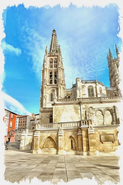 写真からの写真 油絵具 模倣だ イラスト ブルゴス市の大聖堂は1221年に設立された 城の主なカトリック教会 — ストック写真