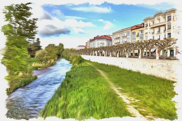 照片来自一张照片 油漆画模仿 雅兰松河将古城的历史街区和现代街区分隔开来 西班牙 布尔戈斯 西班牙 布尔戈斯 — 图库照片