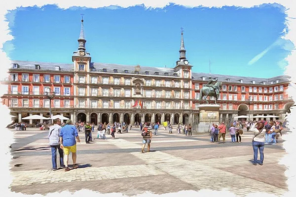 Picture from a photo. Oil paint. Imitation. Illustration. Plaza Mayor, the facade of the old buildings, the sculpture of King Philip and a crowd of tourists. Spain. Madrid