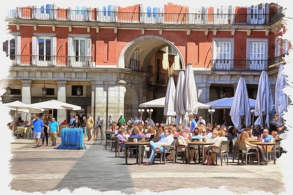 Foto Van Een Foto Olieverf Imitatie Illustratie Straatcafé Het Stadsplein — Stockfoto