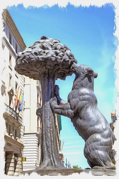 写真からの写真 油絵具 模倣だ イラスト 彫刻の形でマドリード市の腕のコート 熊とイチゴの木 Arbutus — ストック写真