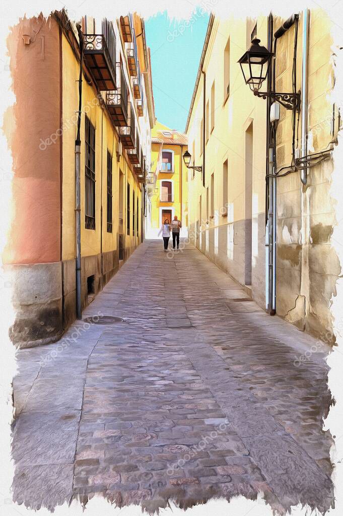 Picture from a photo. Oil paint. Imitation. Illustration. The historic center of the medieval city. Spain. Avila