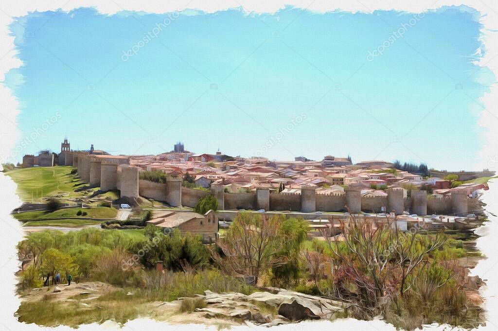 Picture from a photo. Oil paint. Imitation. Illustration. Famous urban wall and outskirts of medieval city Avila