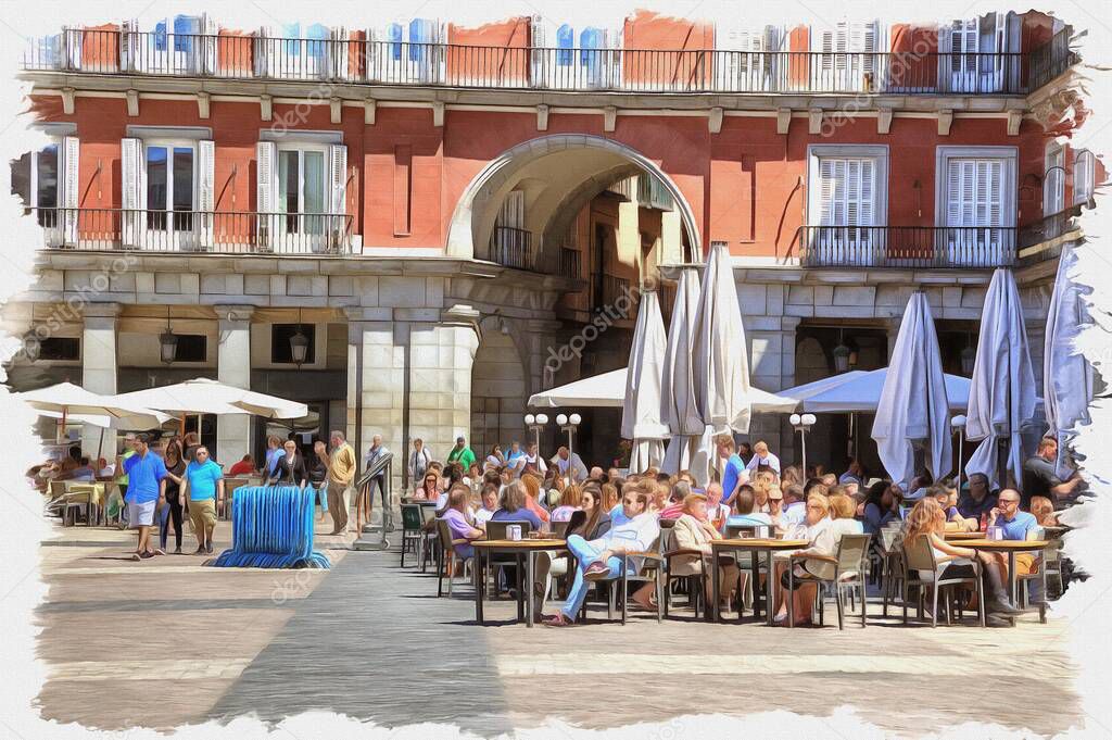 Picture from a photo. Oil paint. Imitation. Illustration. Street cafe on the main town square Mayor. Spain. Madrid