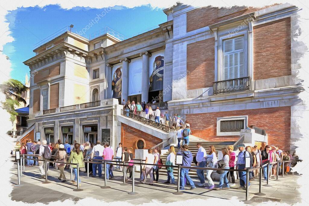 Picture from a photo. Oil paint. Imitation. Illustration. Entrance to the National Museum of the Prado, one of the largest art museums in Europe. Spain. Madrid
