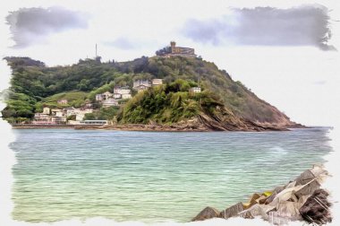 Fotoğraftan bir resim. Yağlı boya. Taklit. İllüzyon. San Sebastian 'ın yanındaki La Concha körfezinde küçük bir ada. İspanya