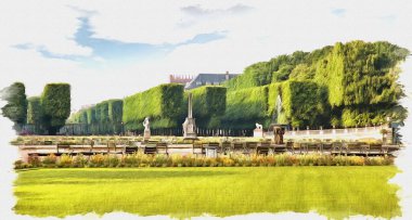 Fotoğraftan bir resim. Yağlı boya. Taklit. İllüzyon. Lüksemburg Sarayı 'nın yanındaki park alanı. Fransa. Paris