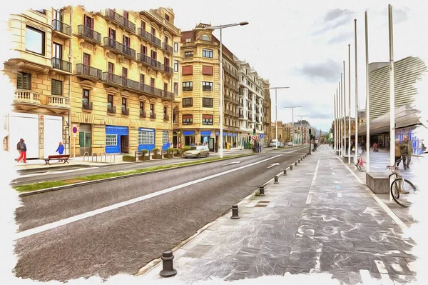 Foto Una Foto Pittura Olio Imitazione Illustrazione Strade Piazze Viali — Foto Stock