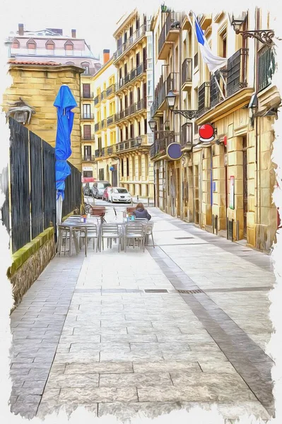 照片来自一张照片 油漆画模仿 欧洲文化首都的街道 广场和大街 西班牙 圣塞巴斯蒂安 — 图库照片