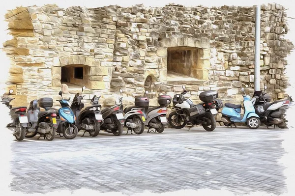 Fotka Fotky Olejová Barva Imitace Ilustrace Stojan Motocyklů Motocyklů Blízkosti — Stock fotografie