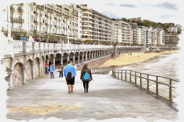 Imagen Una Foto Pintura Óleo Imitación Ilustración Terraplén Municipal Orilla — Foto de Stock