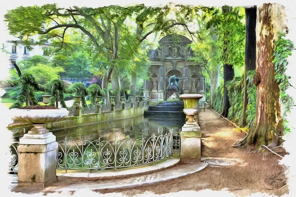 Picture Photo Oil Paint Imitation Illustration Marie Medici Fountain Park — Stock Photo, Image