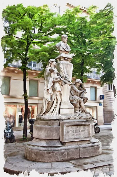 Picture from a photo. Oil paint. Imitation. Illustration. Monument to the French philosopher, founder of science Sociology. France. Paris