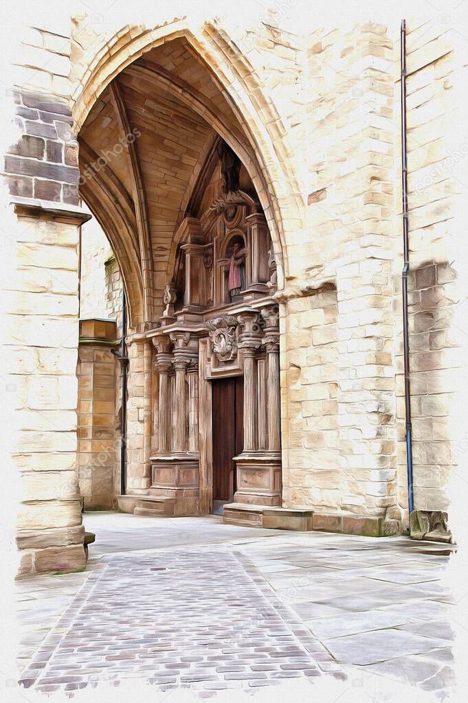 Picture from a photo. Oil paint. Imitation. Illustration. Church of the Good Shepherd in the cultural capital of Europe. Spain. San Sebastian