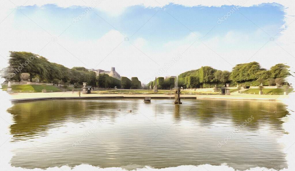 Picture from a photo. Oil paint. Imitation. Illustration. Park complex  next to the Luxemburg palace. France. Paris