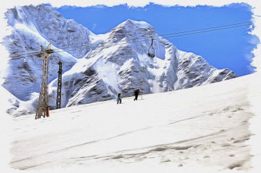 Tuval üzerine yağlı boya. Fotoğraflı resim, resmin taklidi. İllüzyon. Büyük Kafkas Dağları. Cheget Dağı yamacında dağcıların eğitimi.