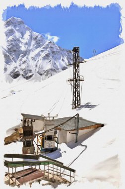Tuval üzerine yağlı boya. Fotoğraflı resim, resmin taklidi. İllüzyon. Büyük Kafkas Dağları. Cheget Dağı yamacındaki elektrik santralinin görüntüsü.