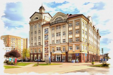 Fotoğraftan bir resim. Yağlı boya. Taklit. İllüzyon. Rybnaya derevnya Kaliningrad şehrinde. Binalar Alman tarzında inşa edilmiştir. 