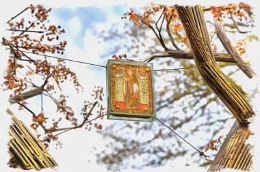 Fotoğraftan bir resim. Yağlı boya. Taklit. İllüzyon. Kehribar yapraklı metal ağacı ve Yantarny 'deki Kazan Meryem Ana' nın İkon Kilisesi 'nin topraklarında harikalar yaratan Aziz Niklas ikonu.