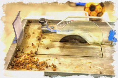 Fotoğraftan bir resim. Yağlı boya. Taklit. İllüzyon. Kehribarla kesim ve çalışma için profesyonel makine (taşlar)) 